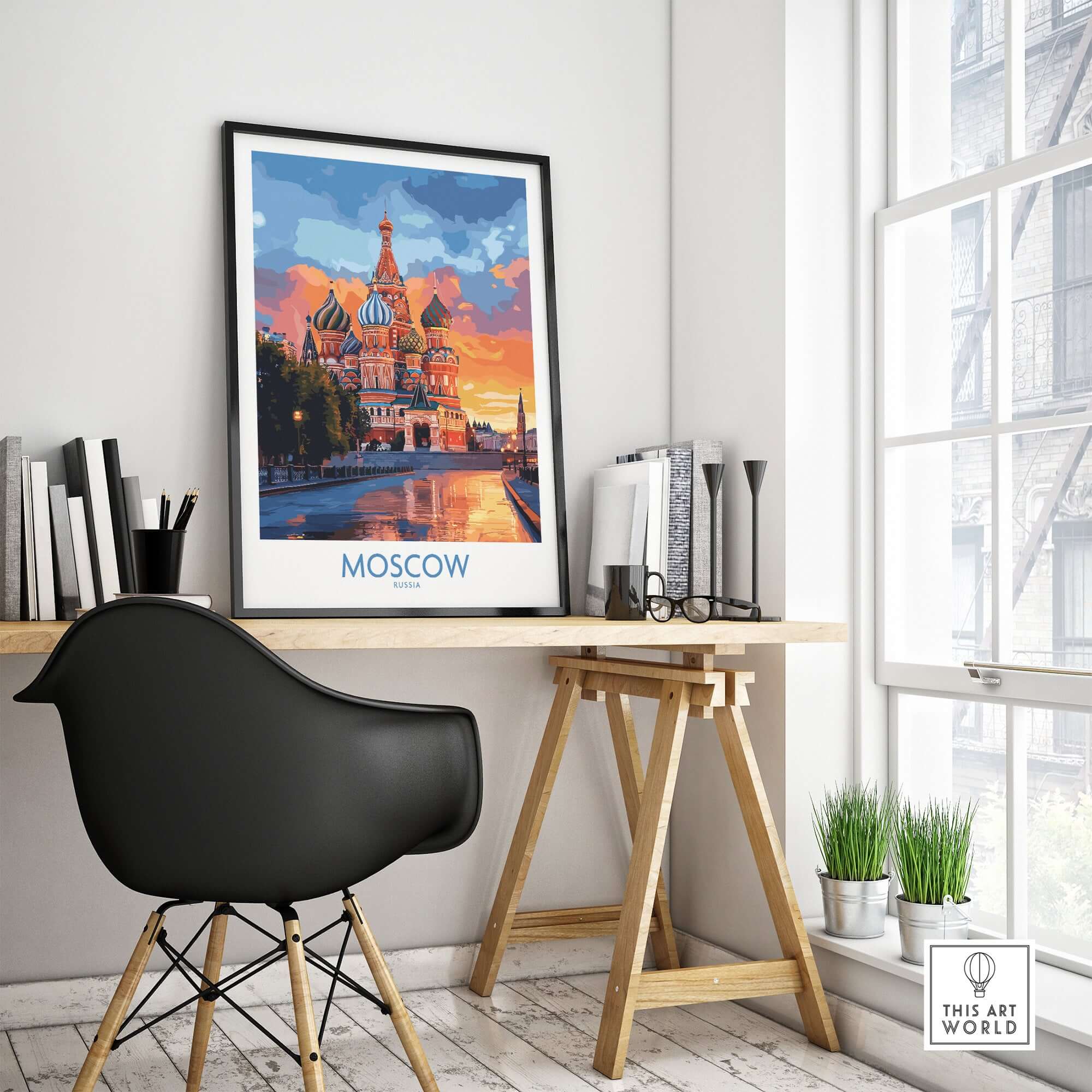 Moscow Travel Poster - St. Basil's Cathedral Wall Art displayed in a stylish office setting with vibrant colors.