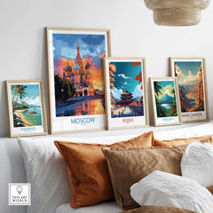 Moscow Travel Poster - St. Basil's Cathedral Wall Art displayed among travel posters in a stylish living room.