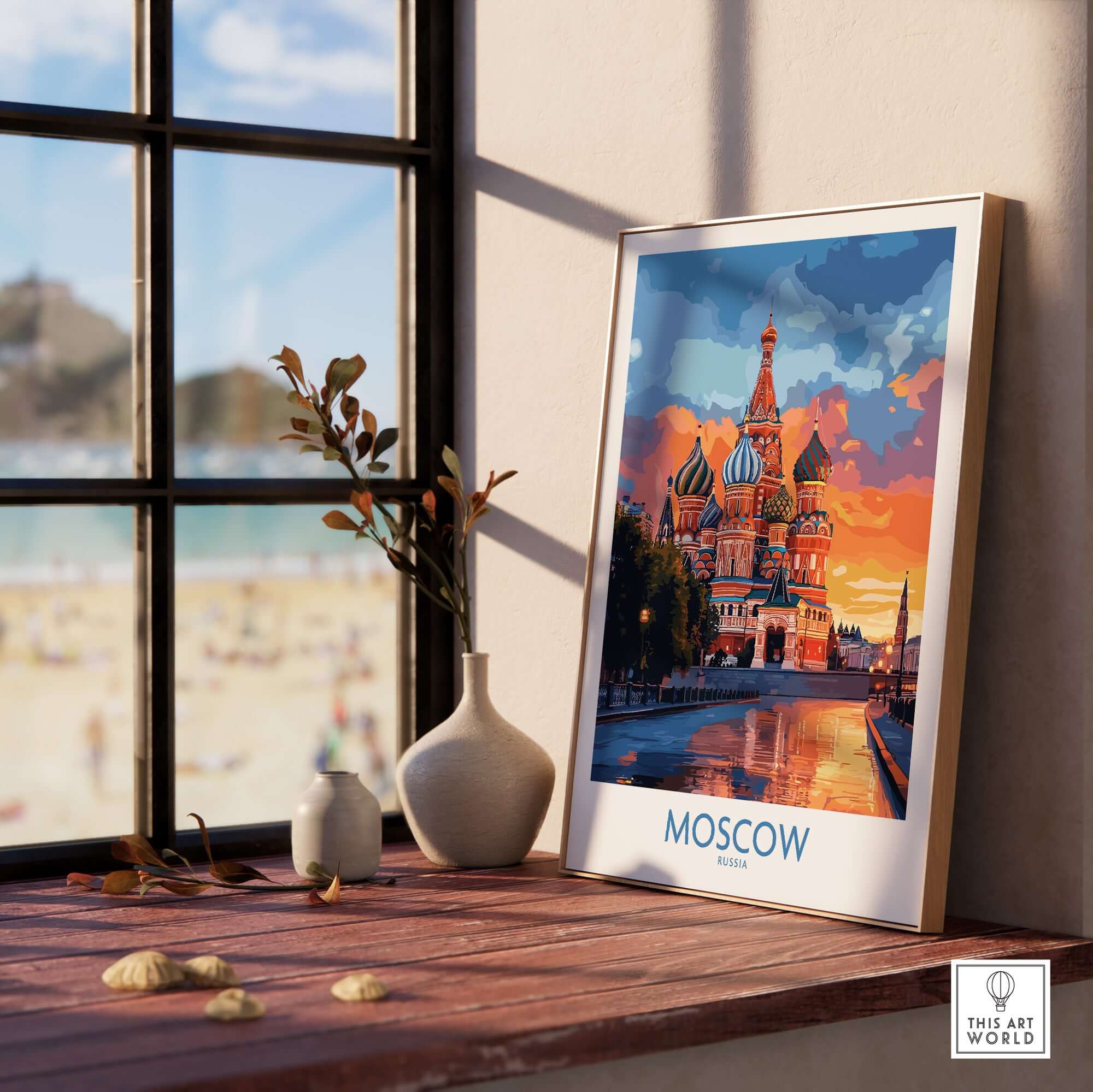Moscow Travel Poster - St. Basil's Cathedral Wall Art displayed in a cozy interior setting.
