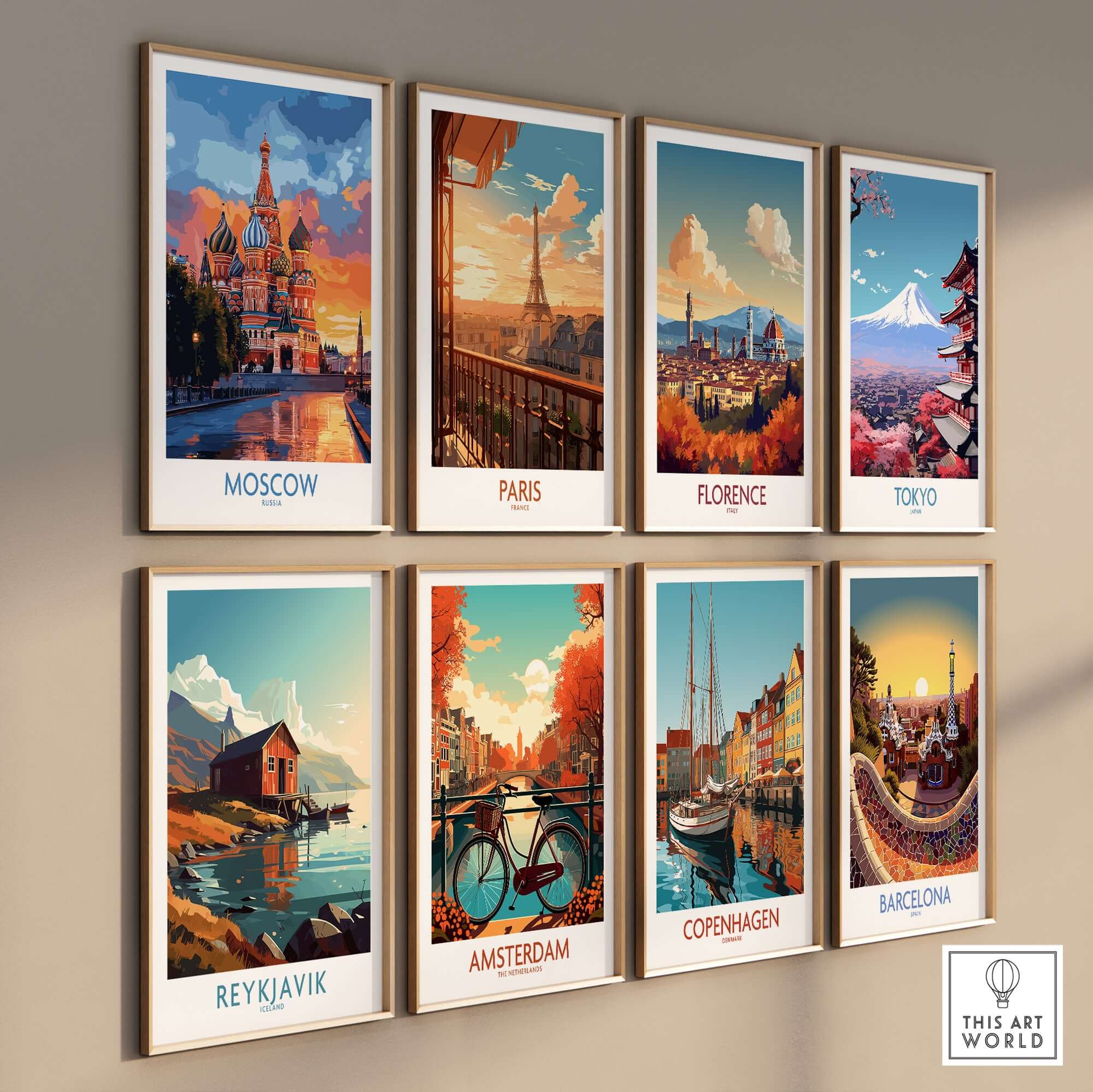 Moscow Travel Poster - St. Basil's Cathedral Wall Art featuring vibrant travel posters from various cities.