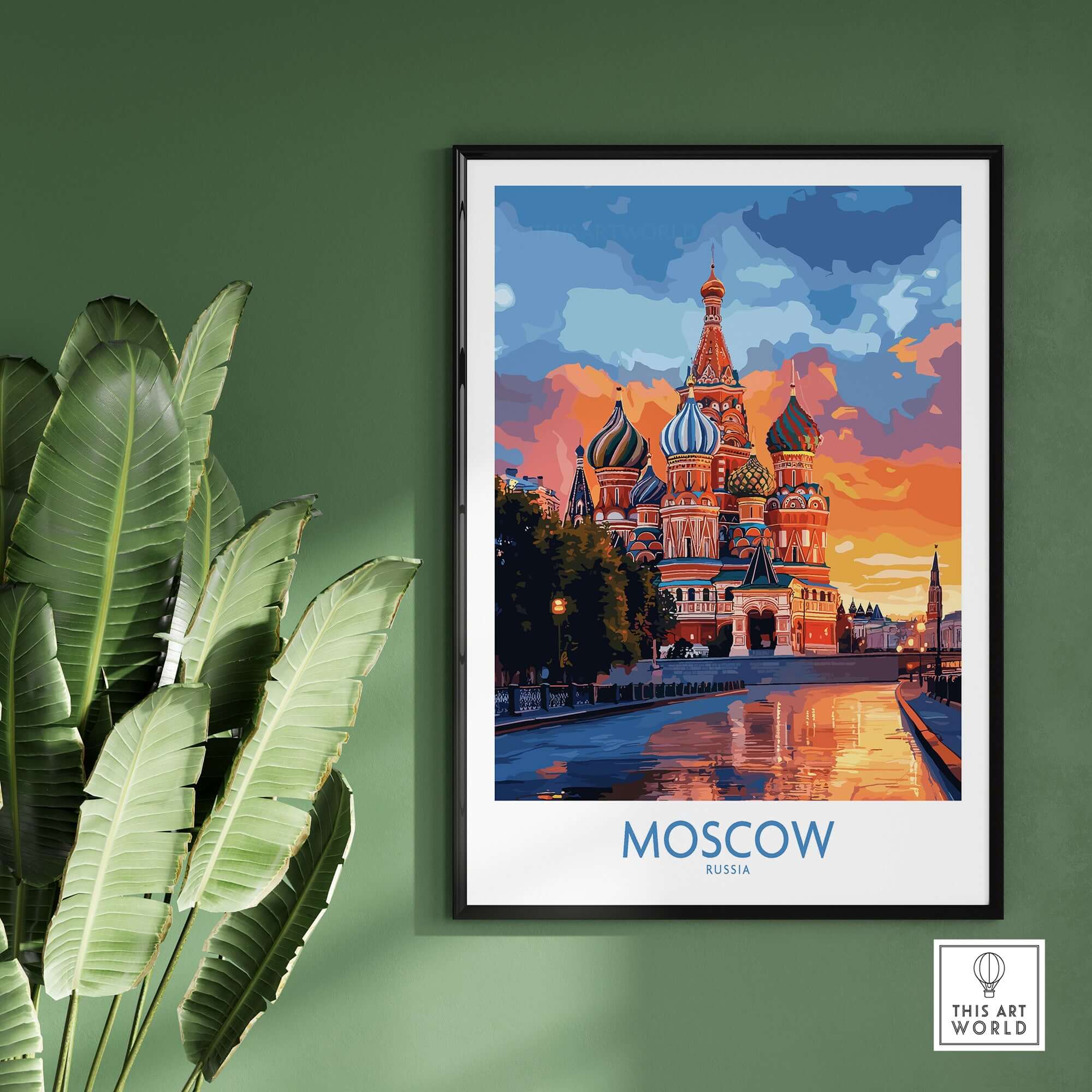 Moscow Travel Poster - St. Basil's Cathedral Wall Art showcasing vibrant colors and iconic architecture.