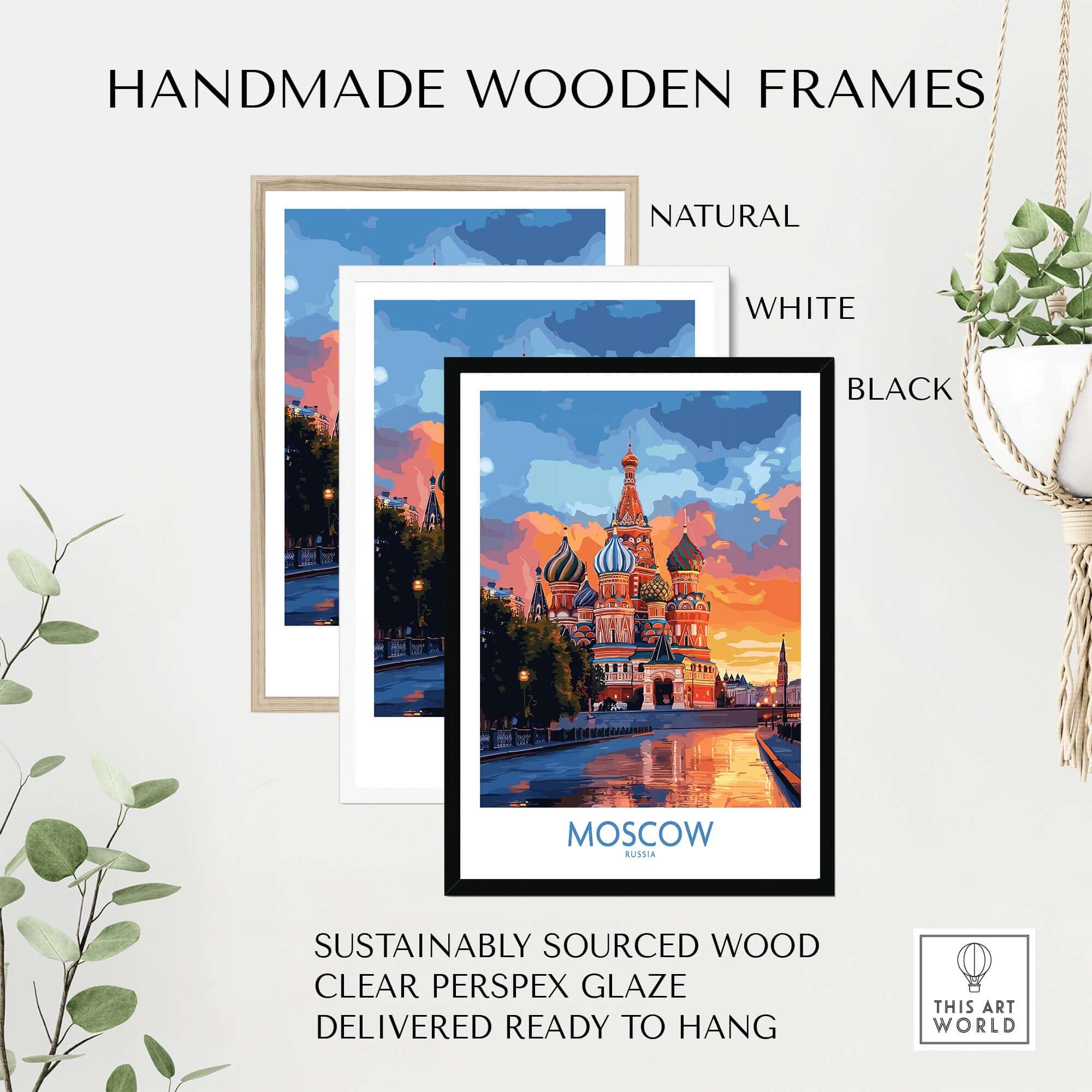 Moscow Travel Poster - St. Basil's Cathedral Wall Art with handmade wooden frames in natural, white, and black finishes.