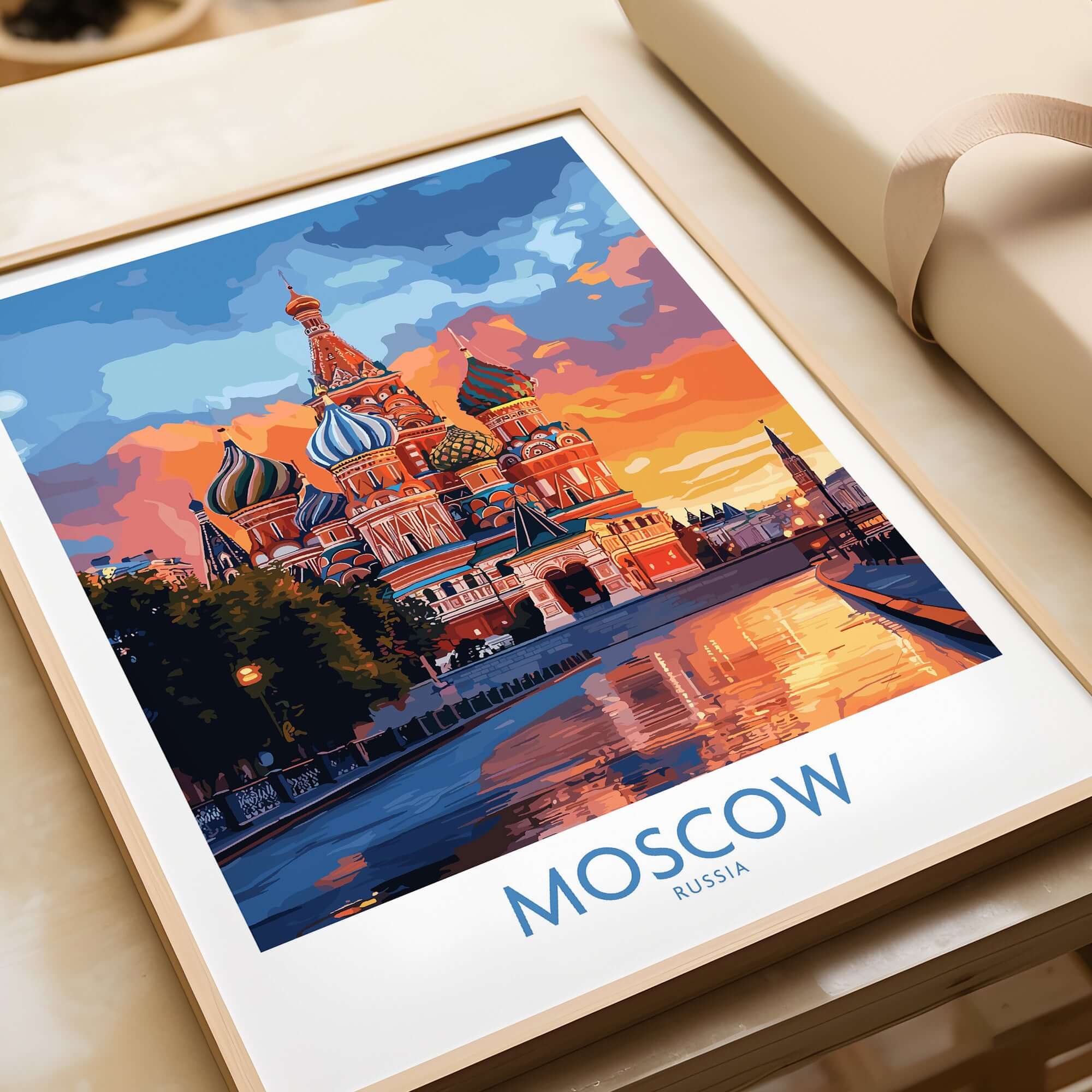 Moscow Travel Poster - St. Basil's Cathedral Wall Art featuring vibrant colors and reflections in the water.