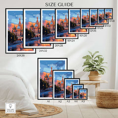 Moscow Travel Print - St. Basil's Cathedral Poster size guide showcasing various frame sizes on a stylish interior display.