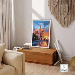 Moscow Travel Print - St. Basil's Cathedral Poster displayed in a cozy living room setting.