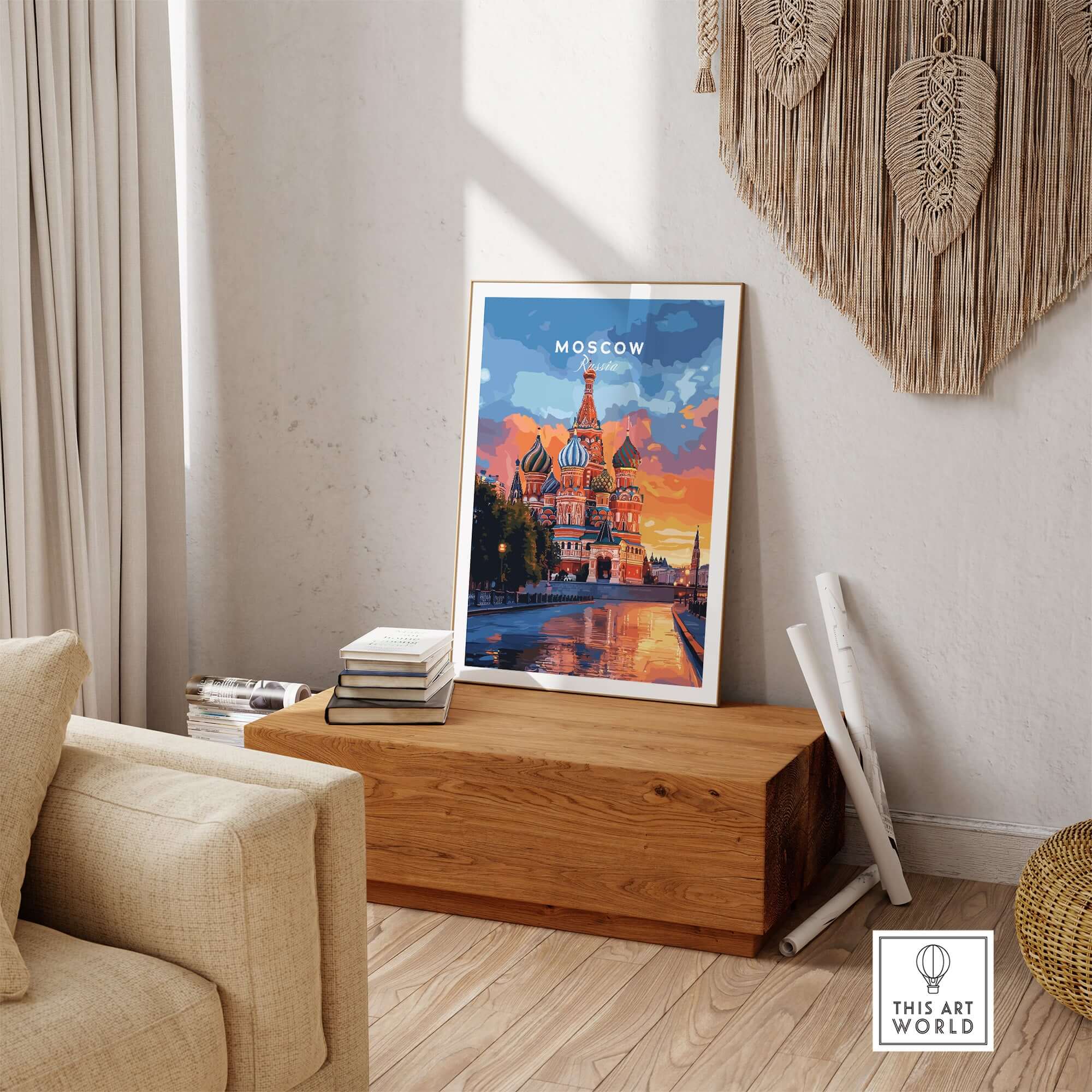 Moscow Travel Print - St. Basil's Cathedral Poster displayed in a cozy living room setting.