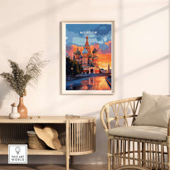 Moscow Travel Print - St. Basil's Cathedral Poster displayed in a modern living room setting with stylish decor.