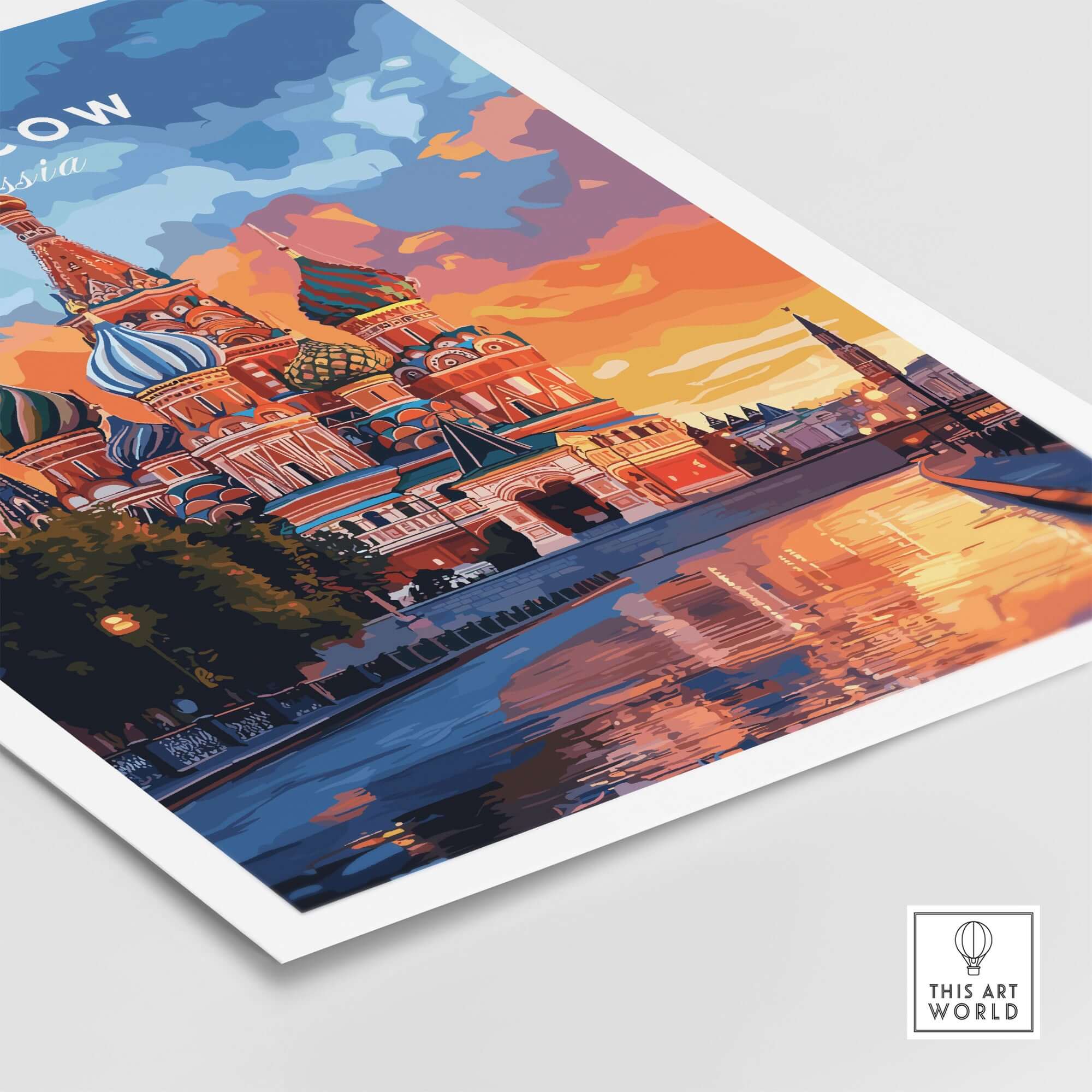 Moscow Travel Print - St. Basil's Cathedral Poster showcasing vibrant colors and intricate details of the iconic landmark.