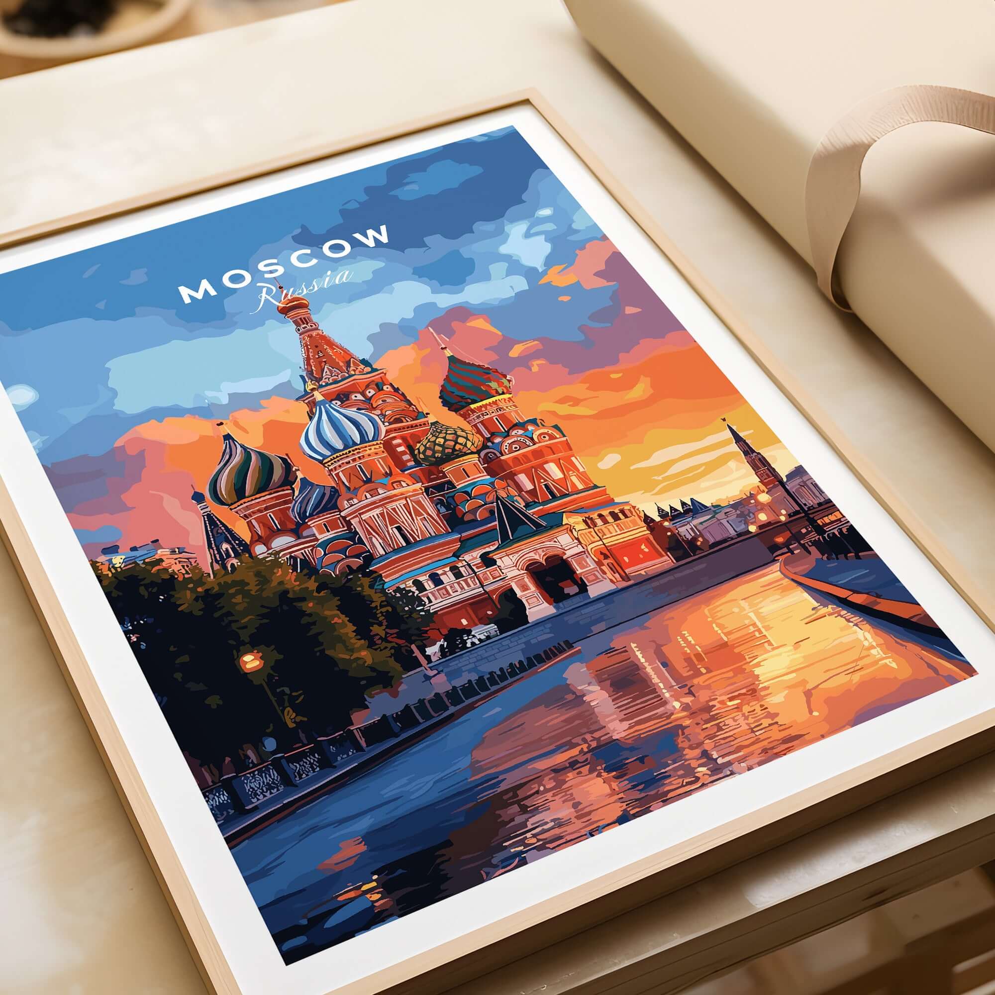 Moscow Travel Print - St. Basil's Cathedral Poster showcasing vibrant colors and intricate details.