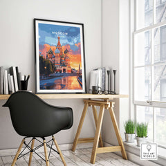 Moscow Travel Print - St. Basil's Cathedral Poster displayed on a wall in a modern workspace.