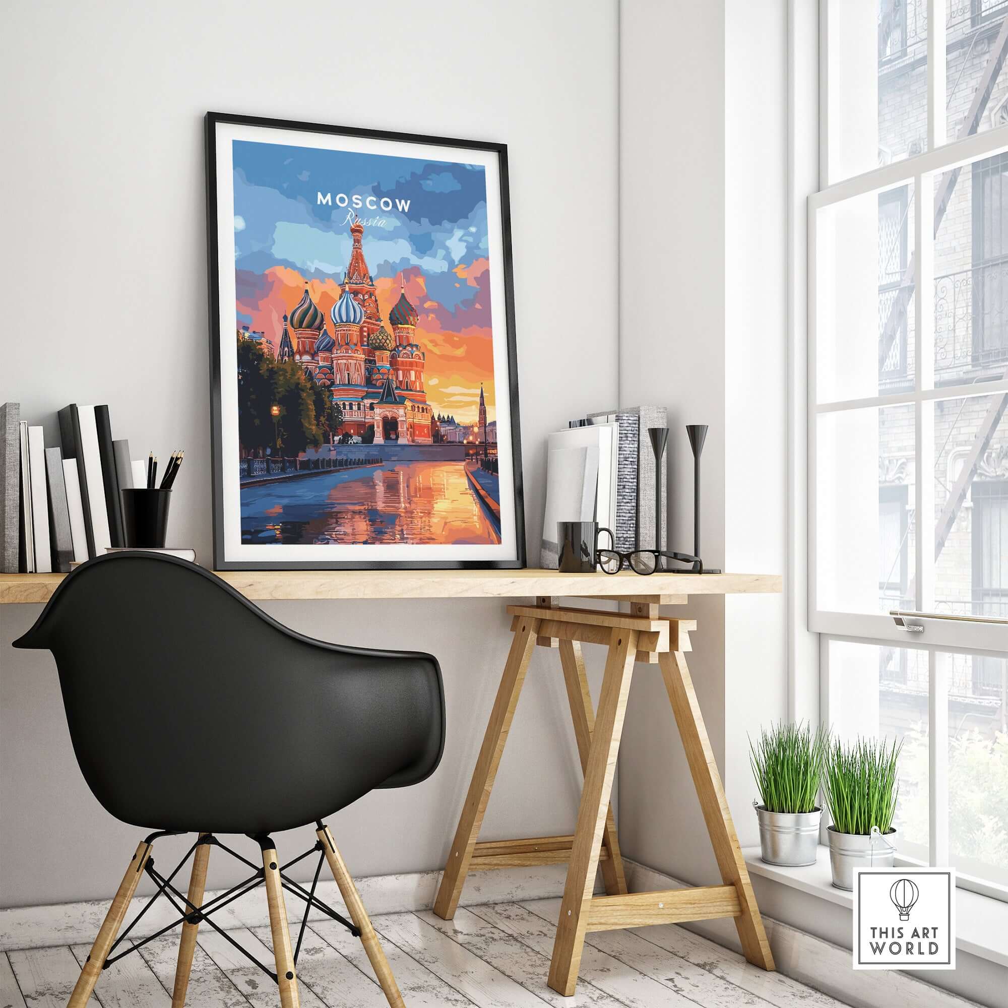 Moscow Travel Print - St. Basil's Cathedral Poster displayed on a wall in a modern workspace.