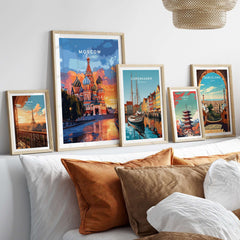 Moscow Travel Print - St. Basil's Cathedral Poster showcased among vibrant travel prints on a cozy wall.