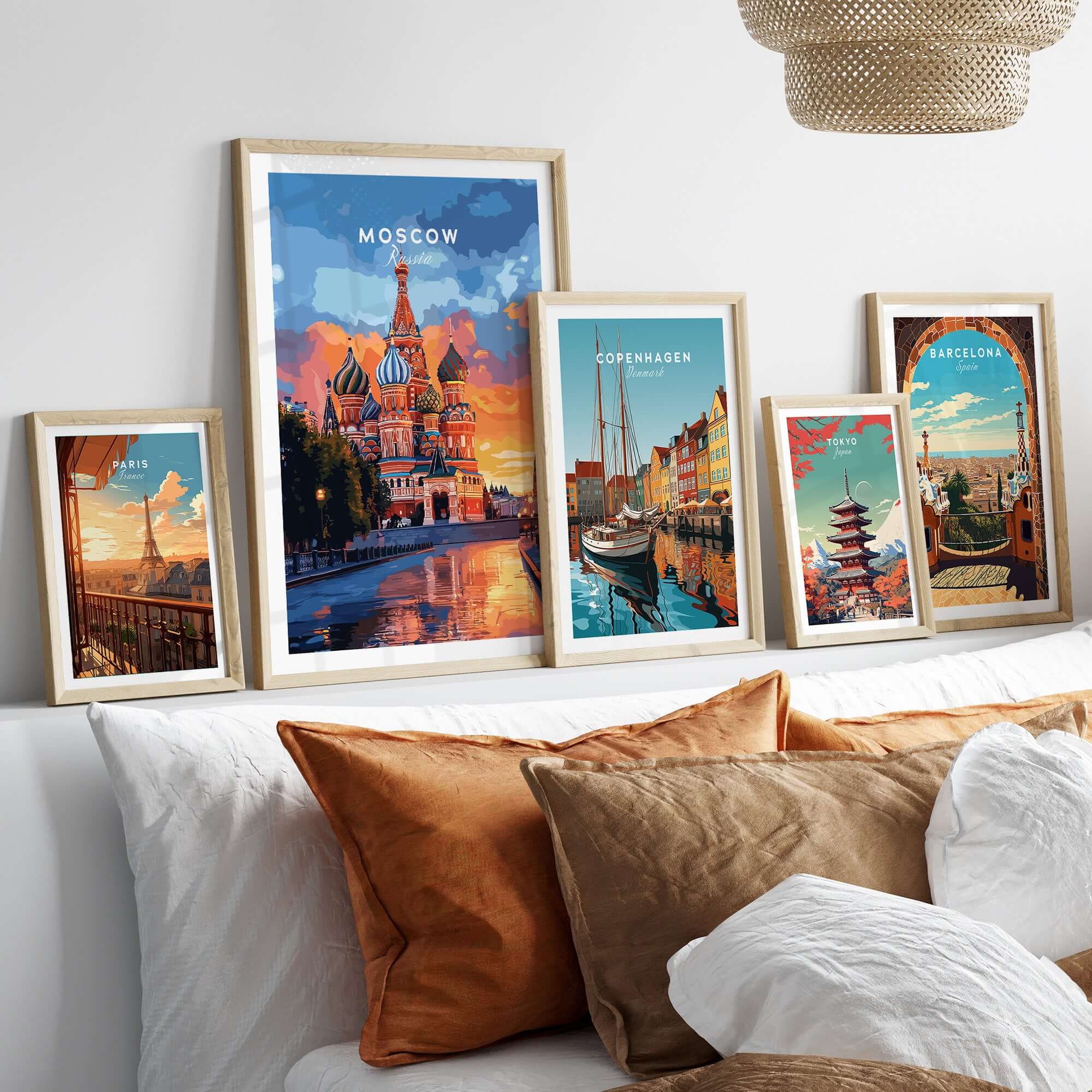 Moscow Travel Print - St. Basil's Cathedral Poster showcased among vibrant travel prints on a cozy wall.