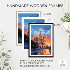 Handmade wooden frames in natural, white, and black, showcasing a Moscow Travel Print - St. Basil's Cathedral Poster.