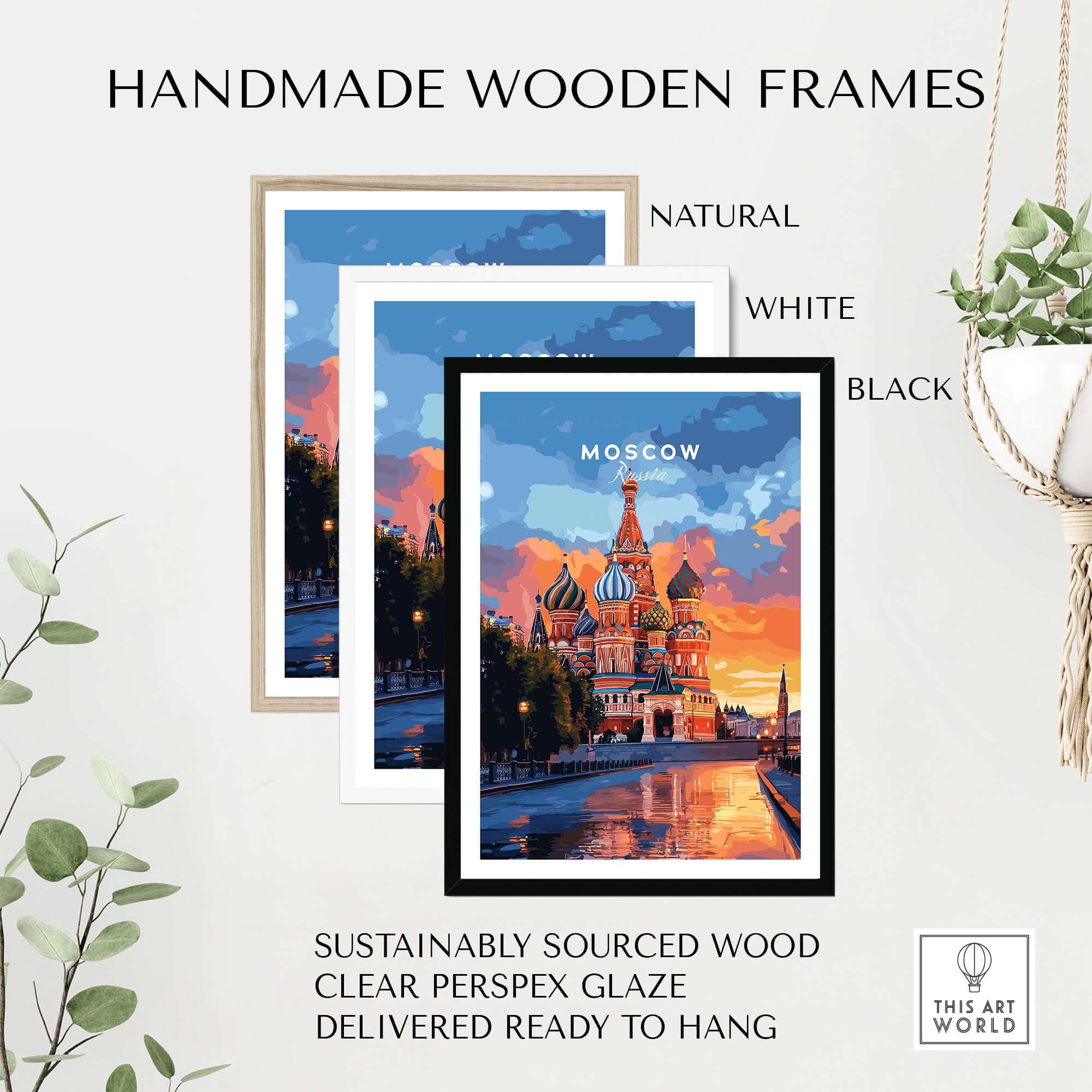 Handmade wooden frames in natural, white, and black, showcasing a Moscow Travel Print - St. Basil's Cathedral Poster.