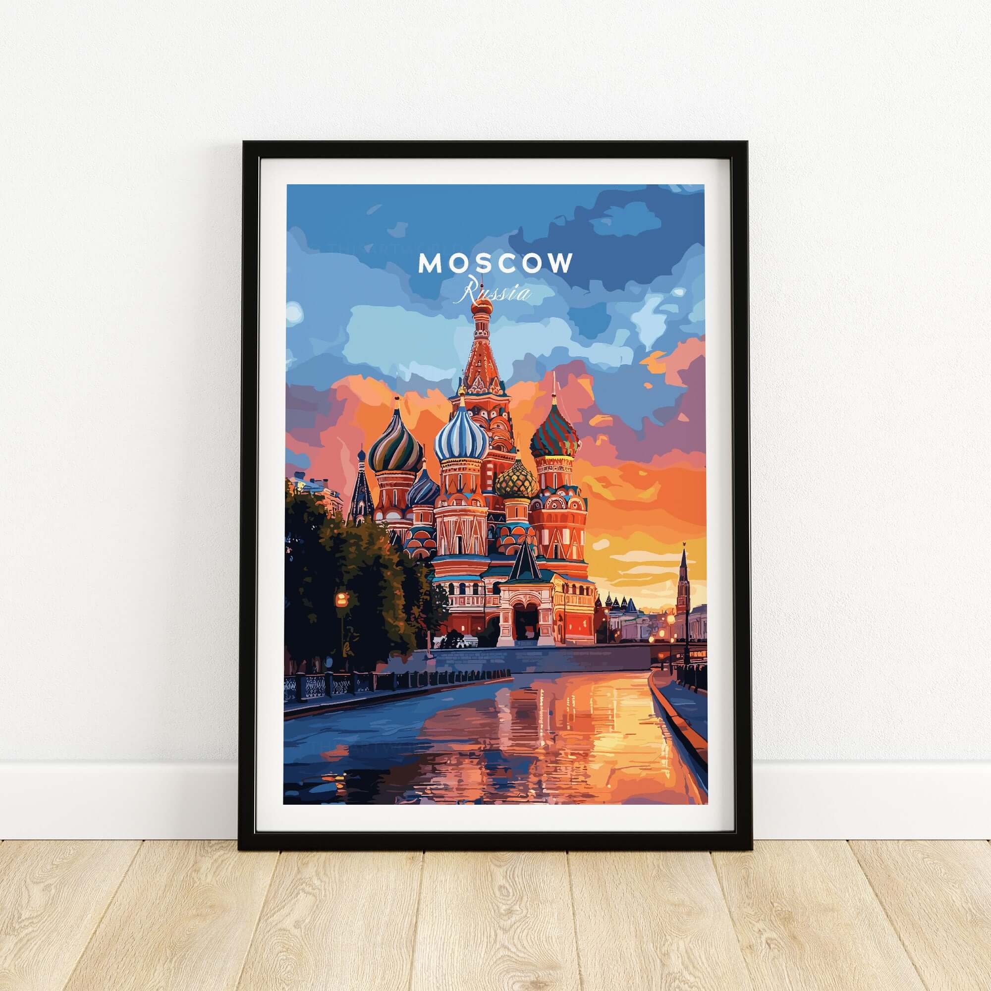 Moscow Travel Print - St. Basil's Cathedral Poster showcasing vibrant colors and the iconic landmark.