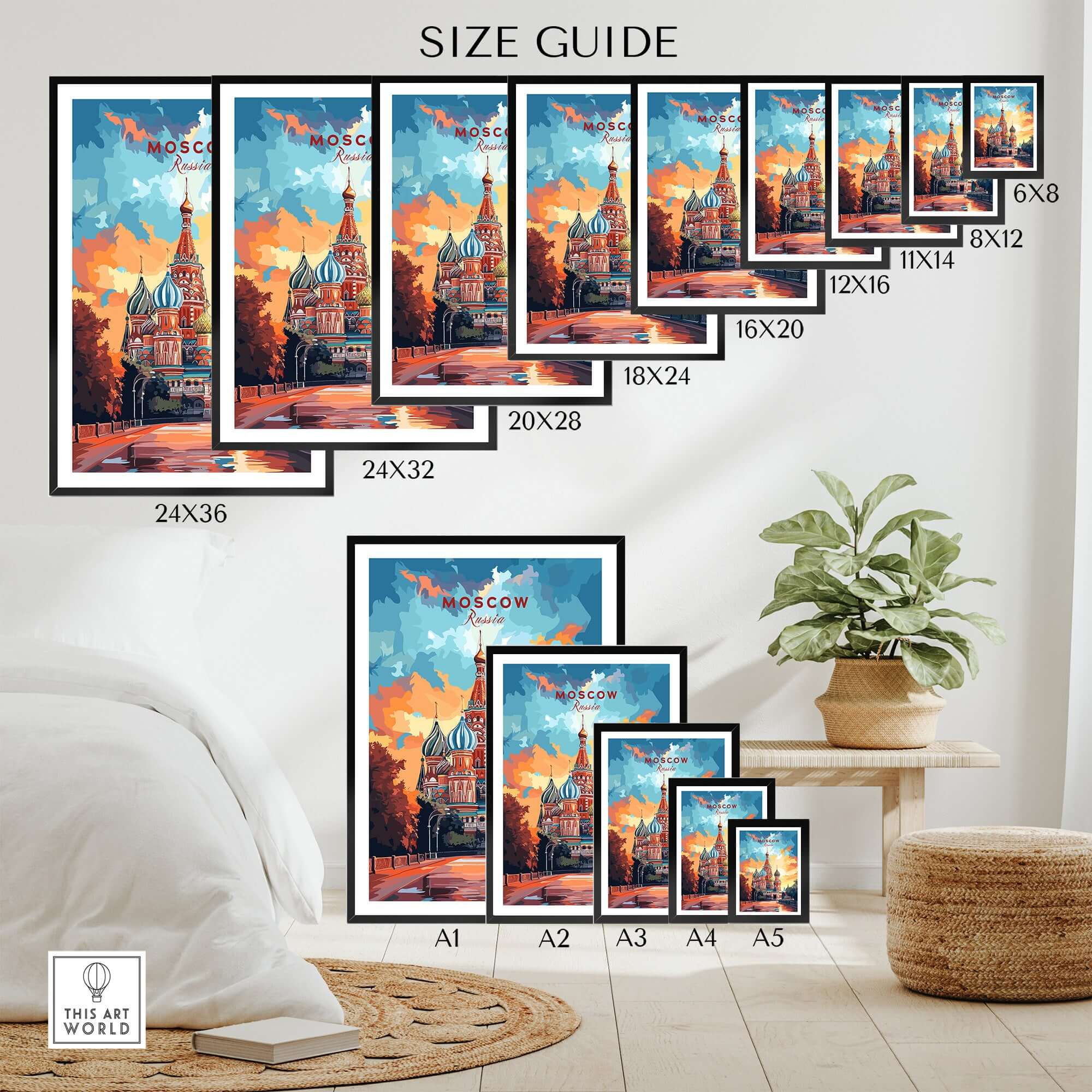 Size guide for Moscow Wall Art - St. Basil's Travel Poster showcasing various print sizes.