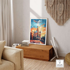 Moscow Wall Art - St. Basil's Travel Poster displayed in a cozy living room setting.