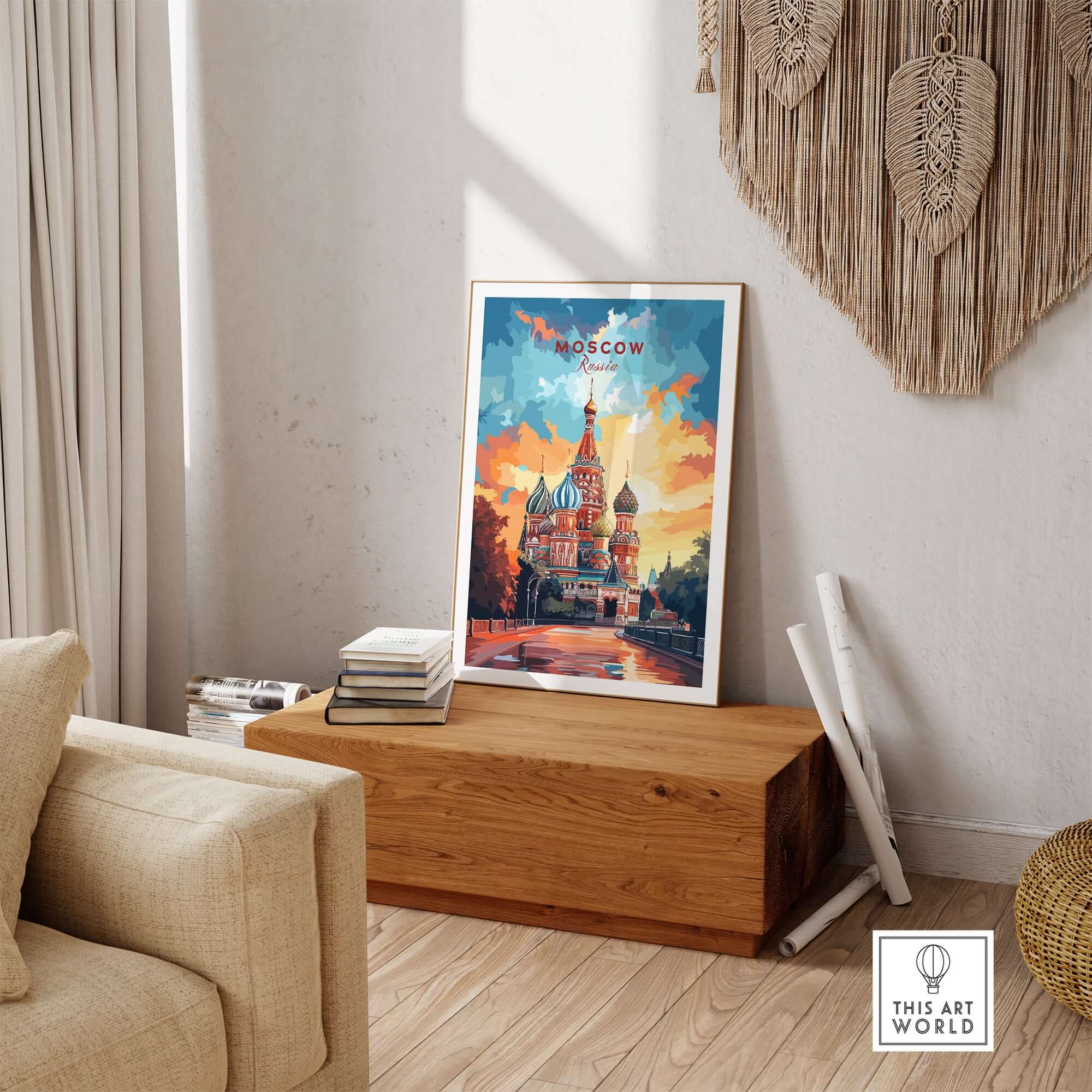 Moscow Wall Art - St. Basil's Travel Poster displayed in a cozy living room setting.