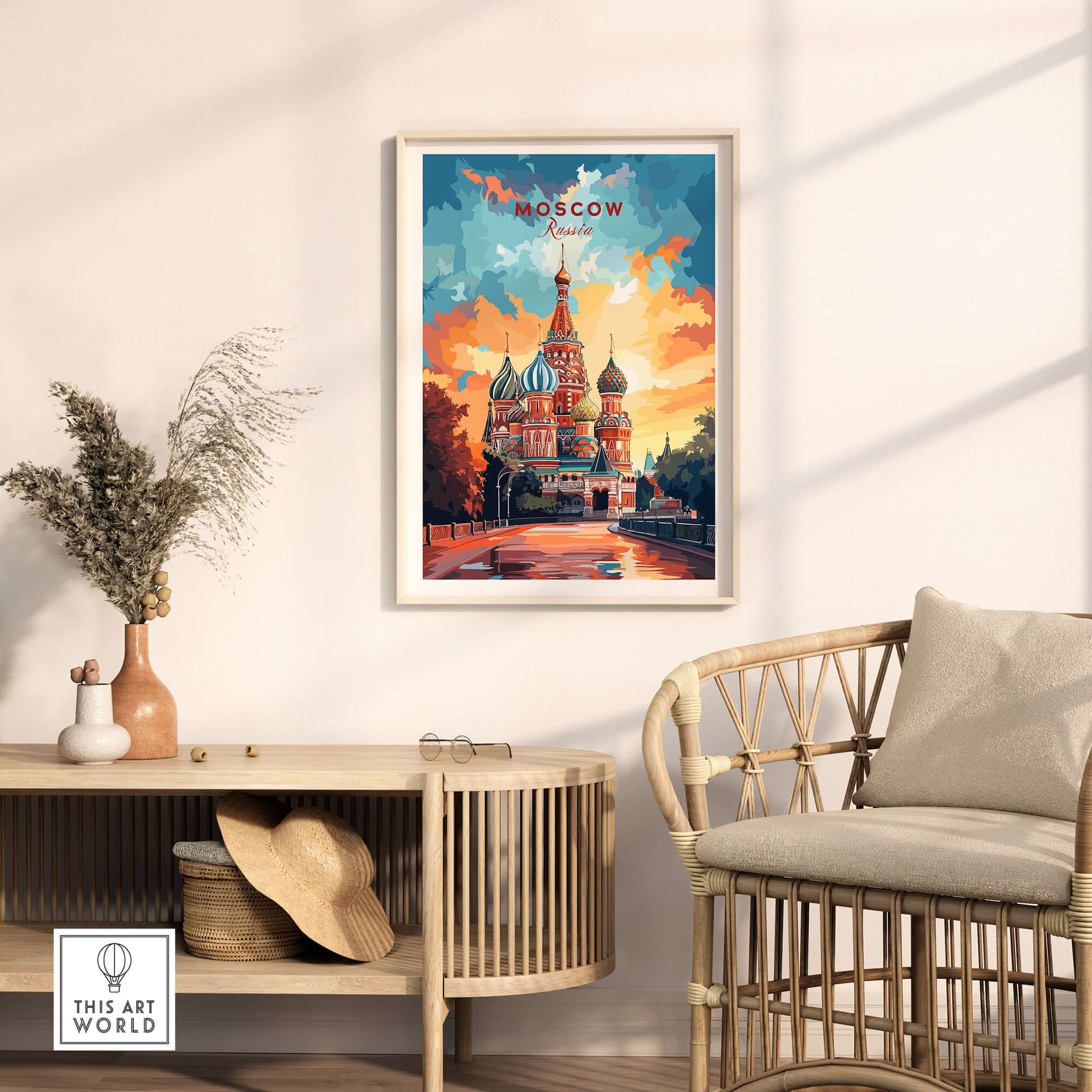 Moscow Wall Art - St. Basil's Travel Poster displayed in a cozy living space featuring St. Basil's Cathedral.
