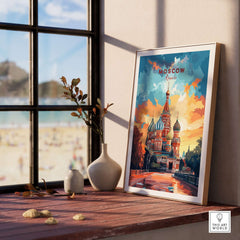 Moscow Wall Art - St. Basil's Travel Poster displayed in a cozy room setting with a scenic background.