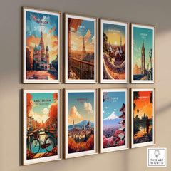 Moscow Wall Art - St. Basil's Travel Poster displayed among other city travel posters.