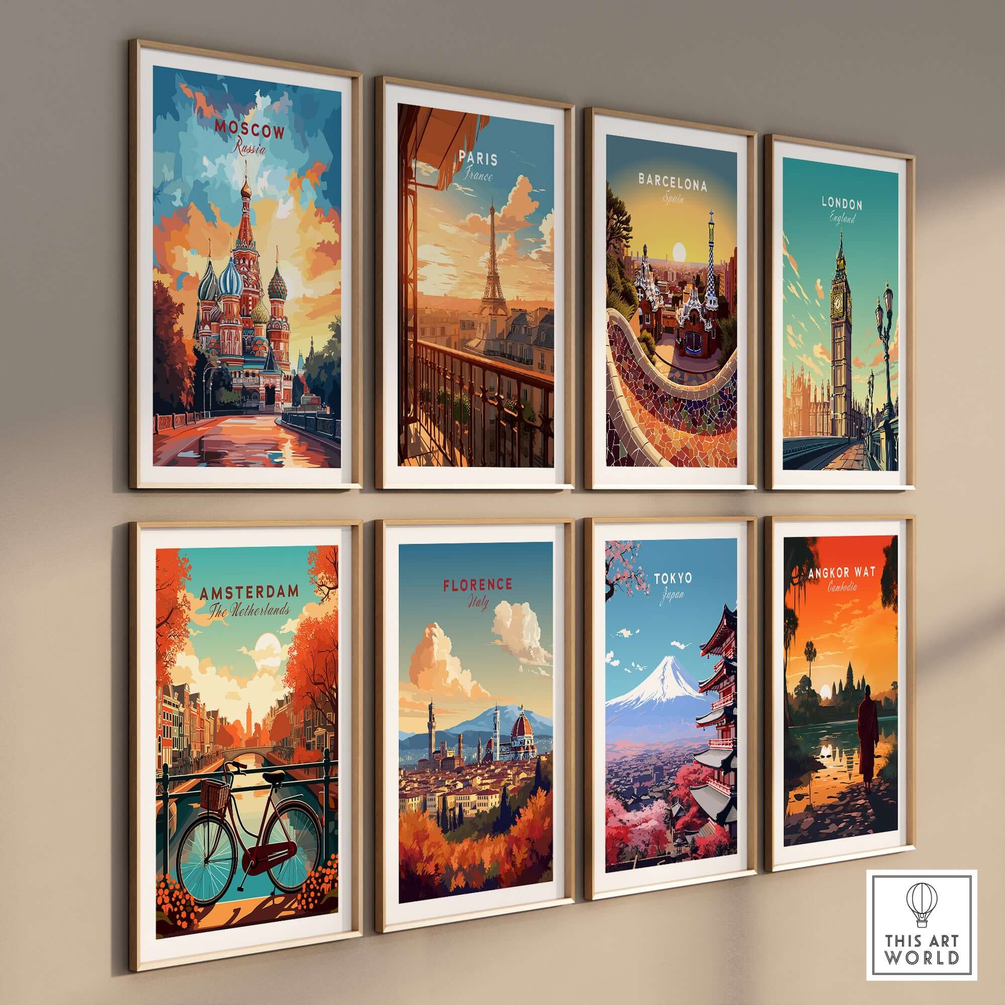 Moscow Wall Art - St. Basil's Travel Poster displayed among other city travel posters.