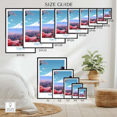 Size guide for Mount Fuji wall art prints in various dimensions, showcasing vibrant Tokyo scenery.