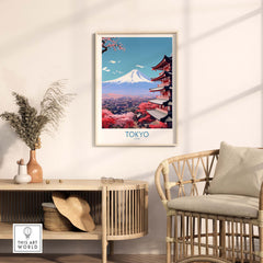 Modern Mount Fuji wall art featuring Tokyo skyline and cherry blossoms, perfect for framing and home decor.