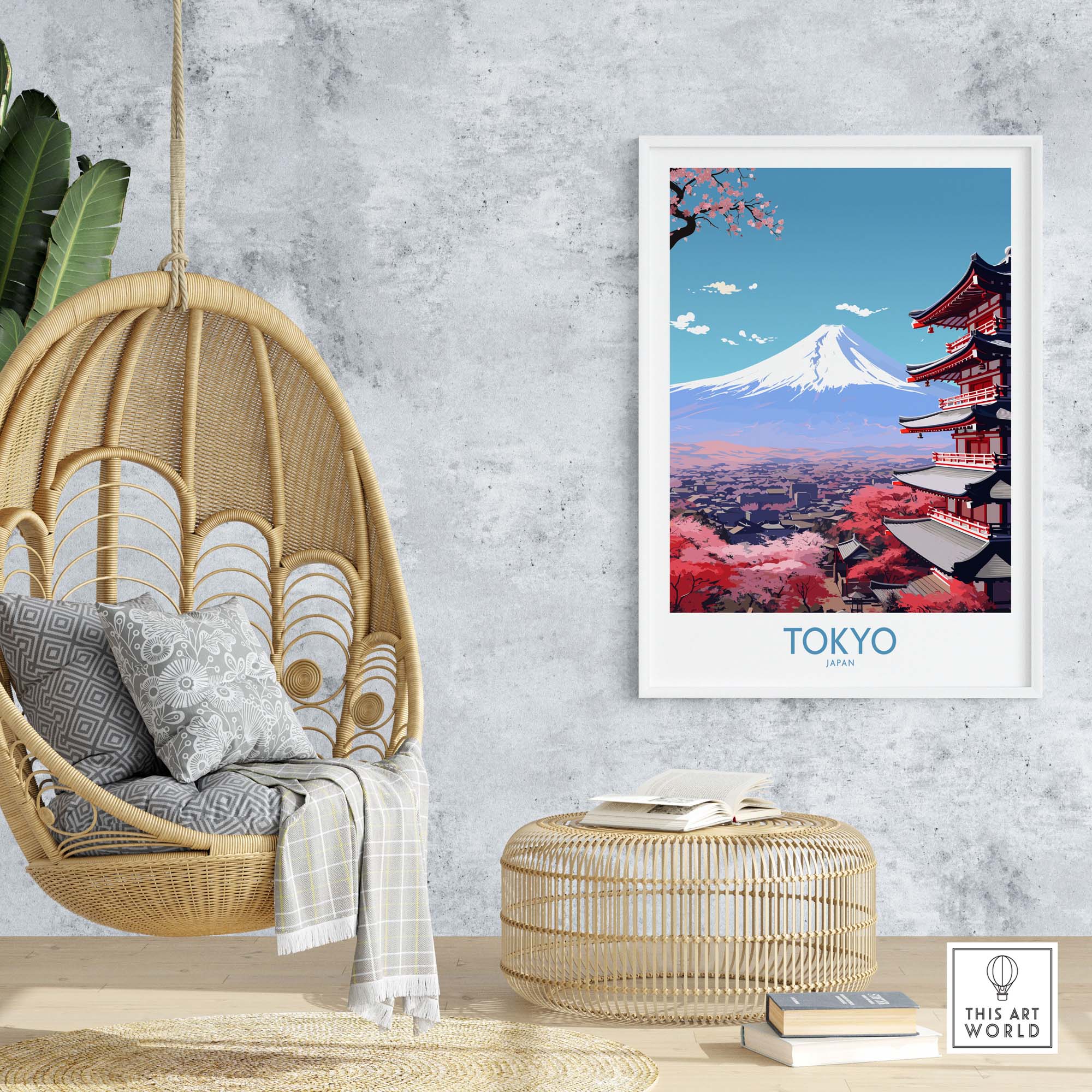 Colorful Mount Fuji wall art print, featuring cherry blossoms and a traditional pagoda, ideal for modern home decor.