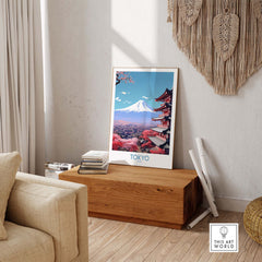 Mount Fuji wall art in modern decor showcasing vivid colors and a stunning Tokyo view, perfect for framing or gifting.