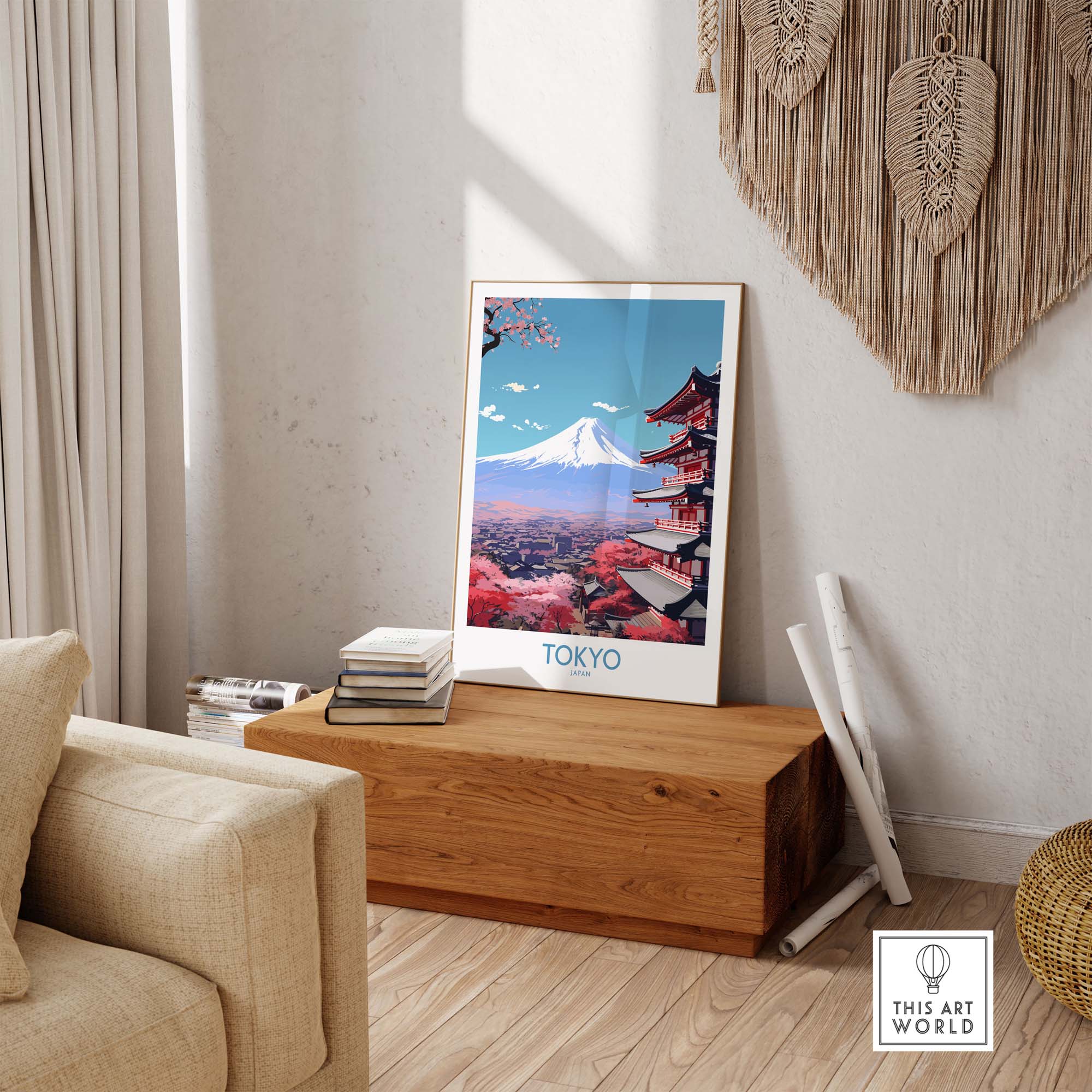 Mount Fuji wall art in modern decor showcasing vivid colors and a stunning Tokyo view, perfect for framing or gifting.