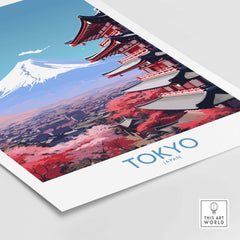 Mount Fuji wall art featuring vibrant cherry blossoms and Tokyo architecture in modern style.