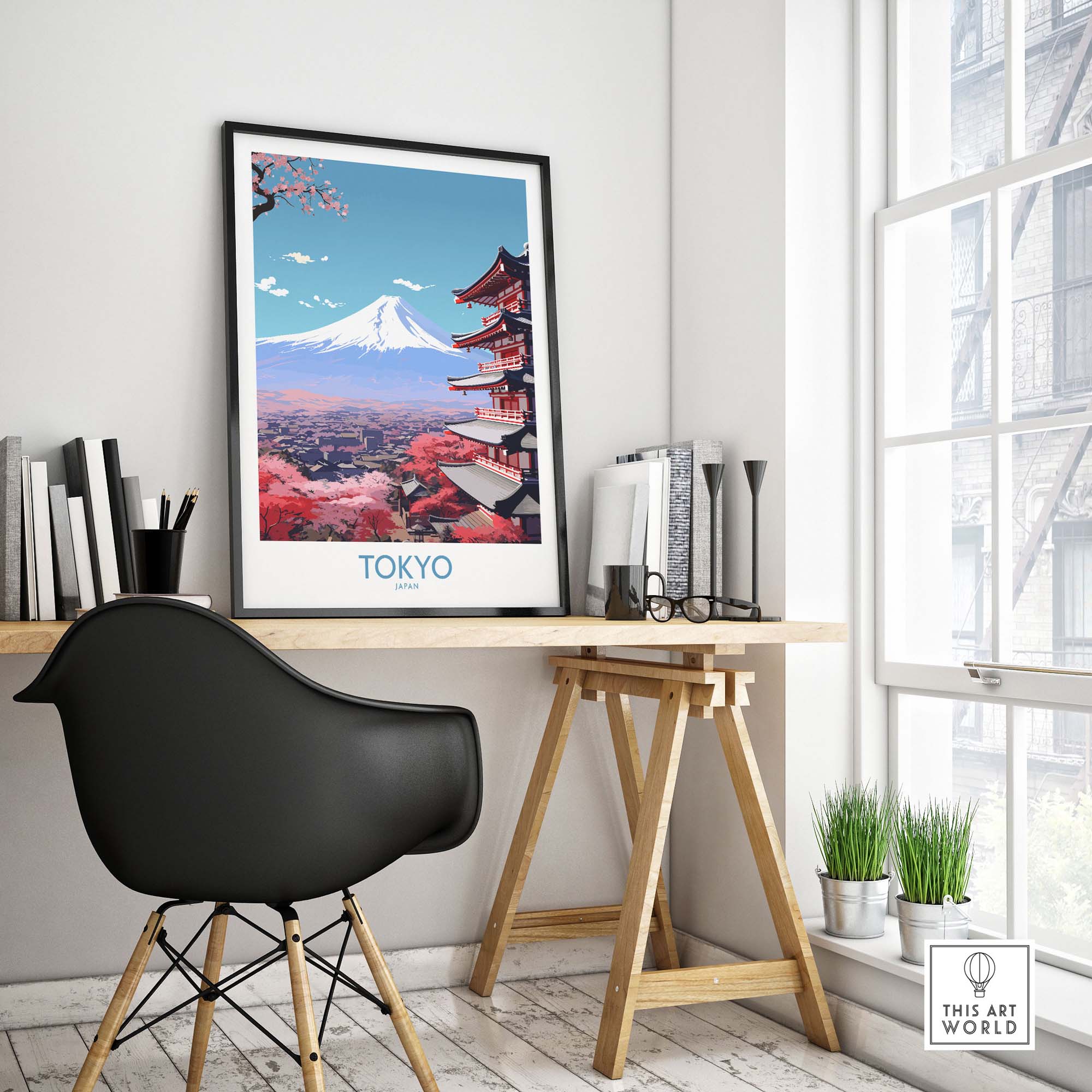 Mount Fuji wall art in modern interior, showcasing vibrant Tokyo landscape and cherry blossoms.