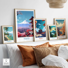 Framed Mount Fuji and city prints in modern decor, showcasing Tokyo, Beijing, and other travel destinations.