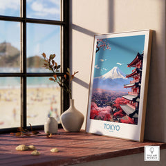 Framed Mount Fuji wall art in modern style, featuring a view of Tokyo with vibrant colors, perfect for decor and gifts.