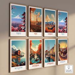 Gallery of modern travel art prints featuring Mount Fuji, Eiffel Tower, and various European cities.