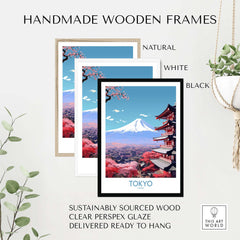 Handmade wooden frames in natural, white, and black for Mount Fuji wall art, sustainably sourced with clear glaze.