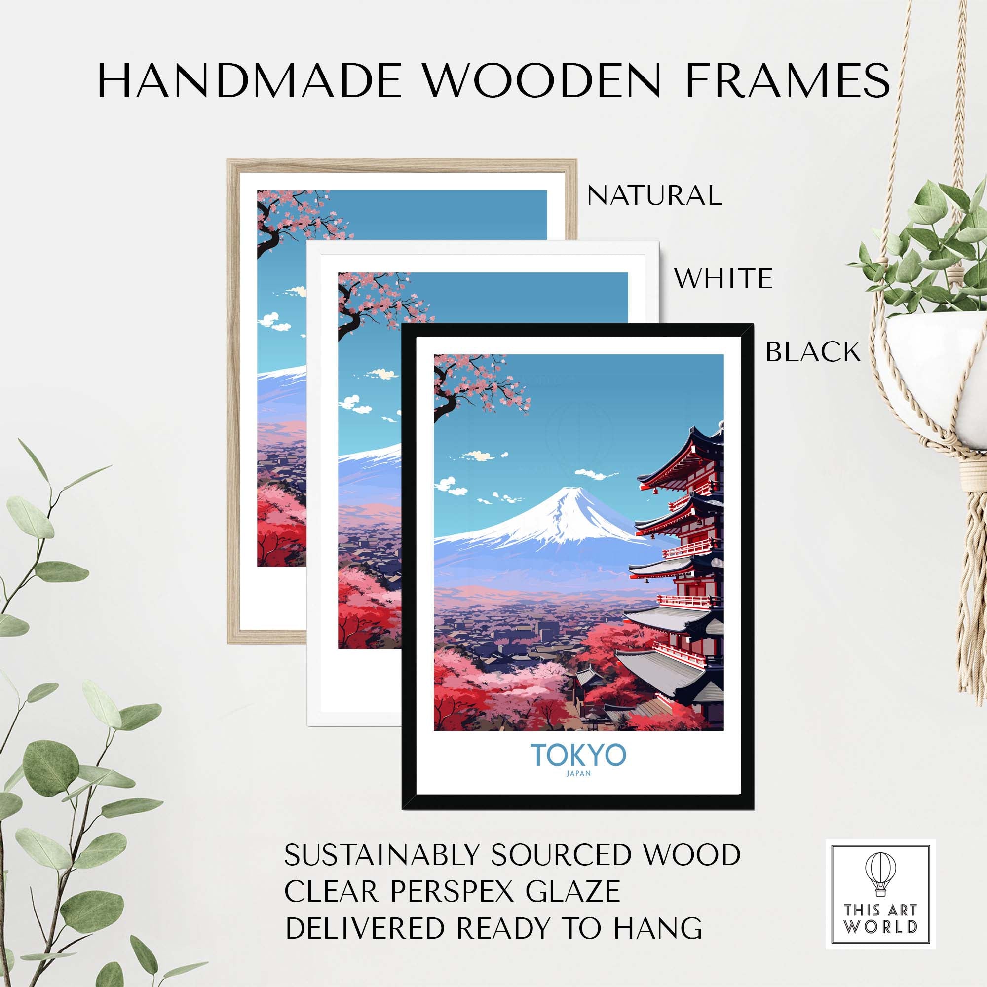 Handmade wooden frames in natural, white, and black for Mount Fuji wall art, sustainably sourced with clear glaze.