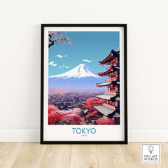Framed Mount Fuji wall art print showcasing Tokyo's skyline, cherry blossoms, and traditional Japanese architecture.