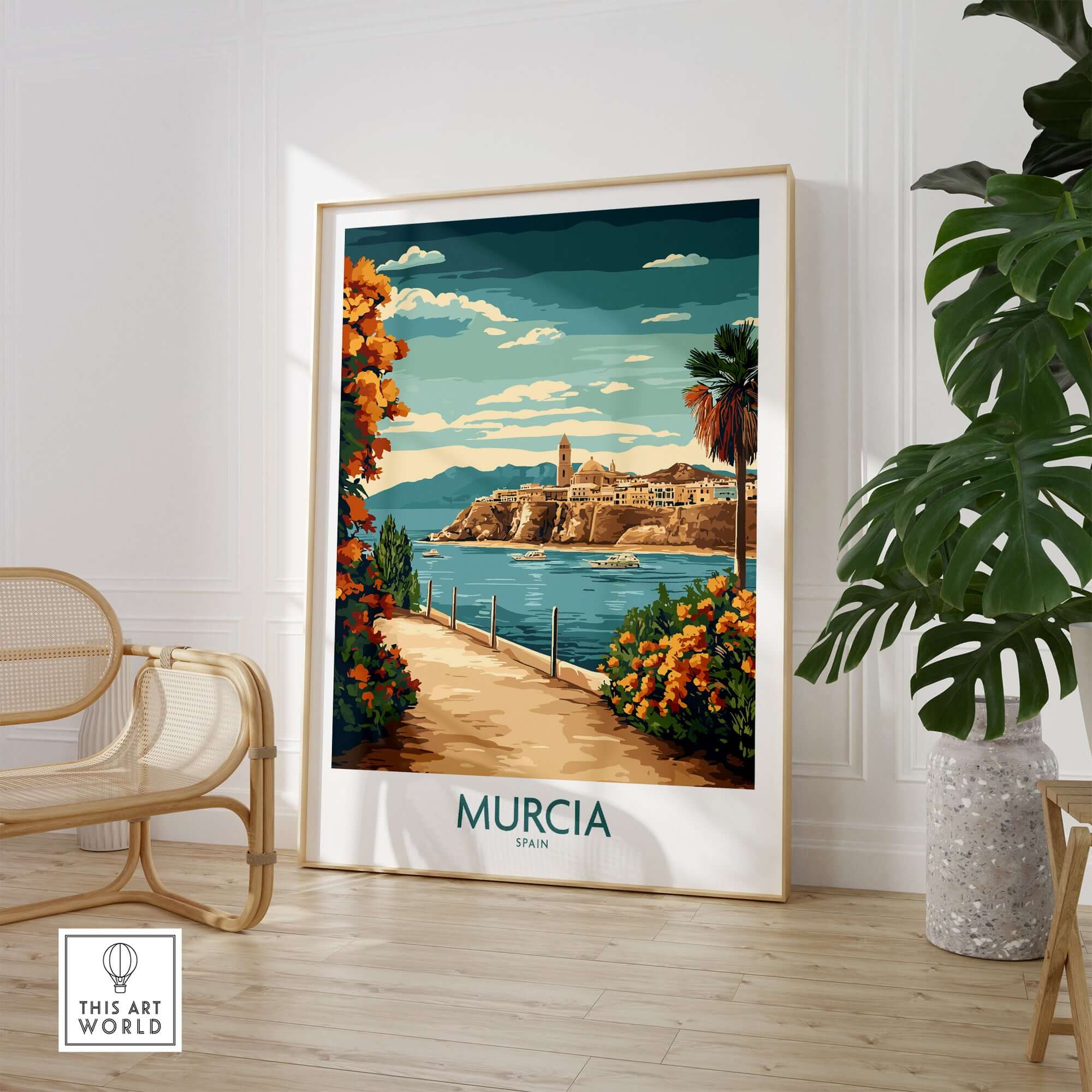 Murcia Poster featuring vibrant scenery of Murcia, Spain in a stylish home setting with lush greenery.