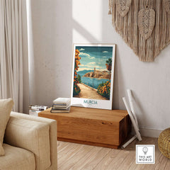 Beautiful living room featuring a Murcia Poster showcasing vibrant artwork of the scenic coastline in Spain.
