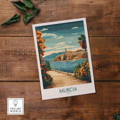 Murcia Poster showcasing a beautiful coastal scene of Spain with vibrant colors and lush greenery.