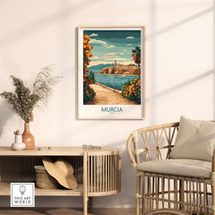 Murcia Poster featuring a colorful landscape of the city and coastline, adding Spanish charm to home decor.