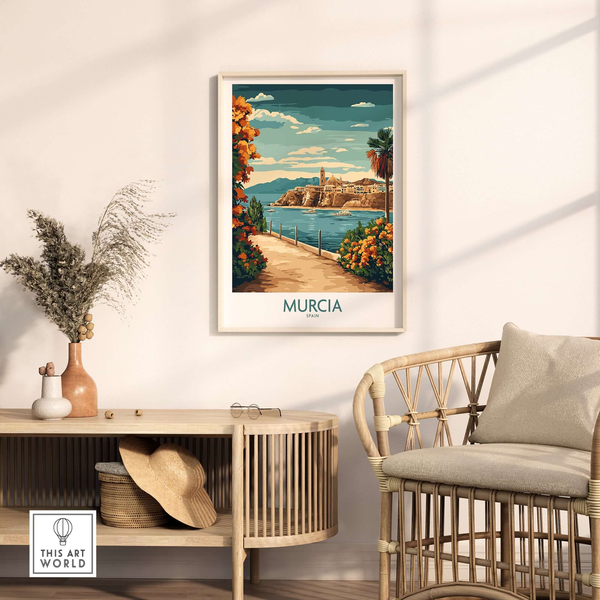 Murcia Poster featuring a colorful landscape of the city and coastline, adding Spanish charm to home decor.