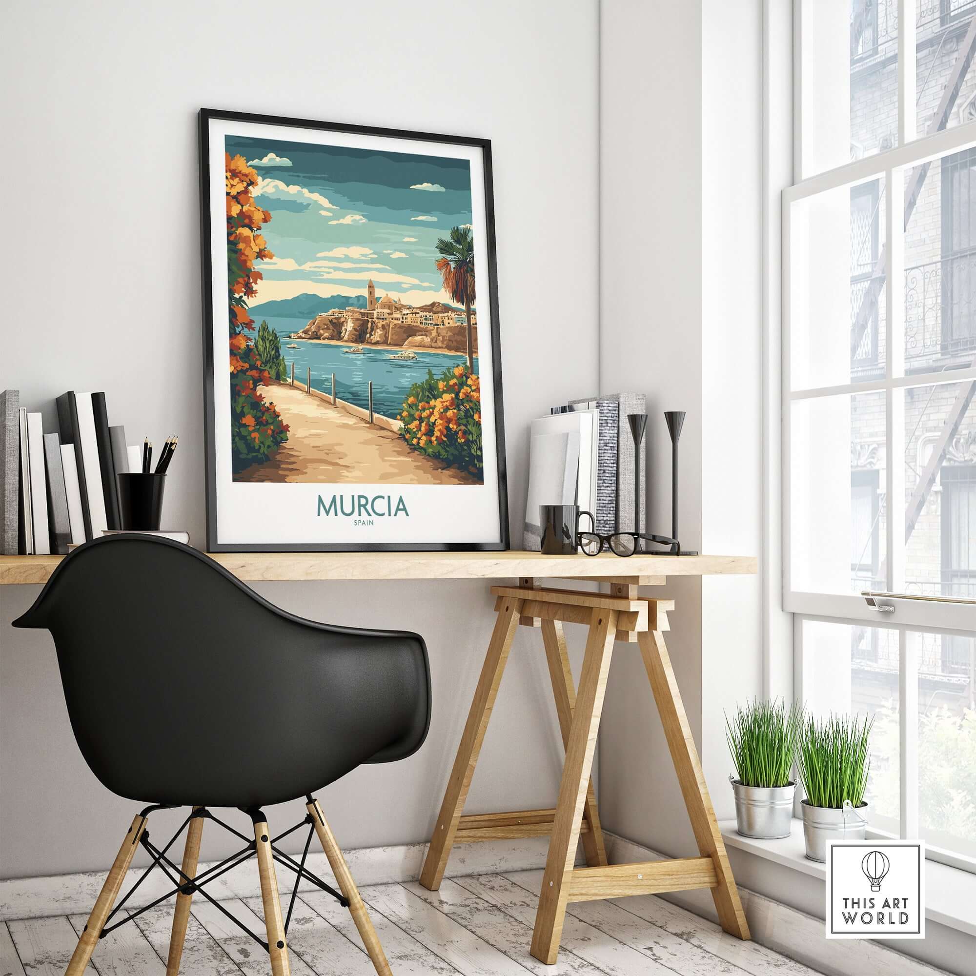 Murcia Poster displayed in a stylish interior, showcasing the vibrant scenery of Murcia, Spain.