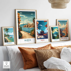 Murcia Poster displayed among other travel posters on a stylish interior shelf showcasing Spain's vibrant culture.