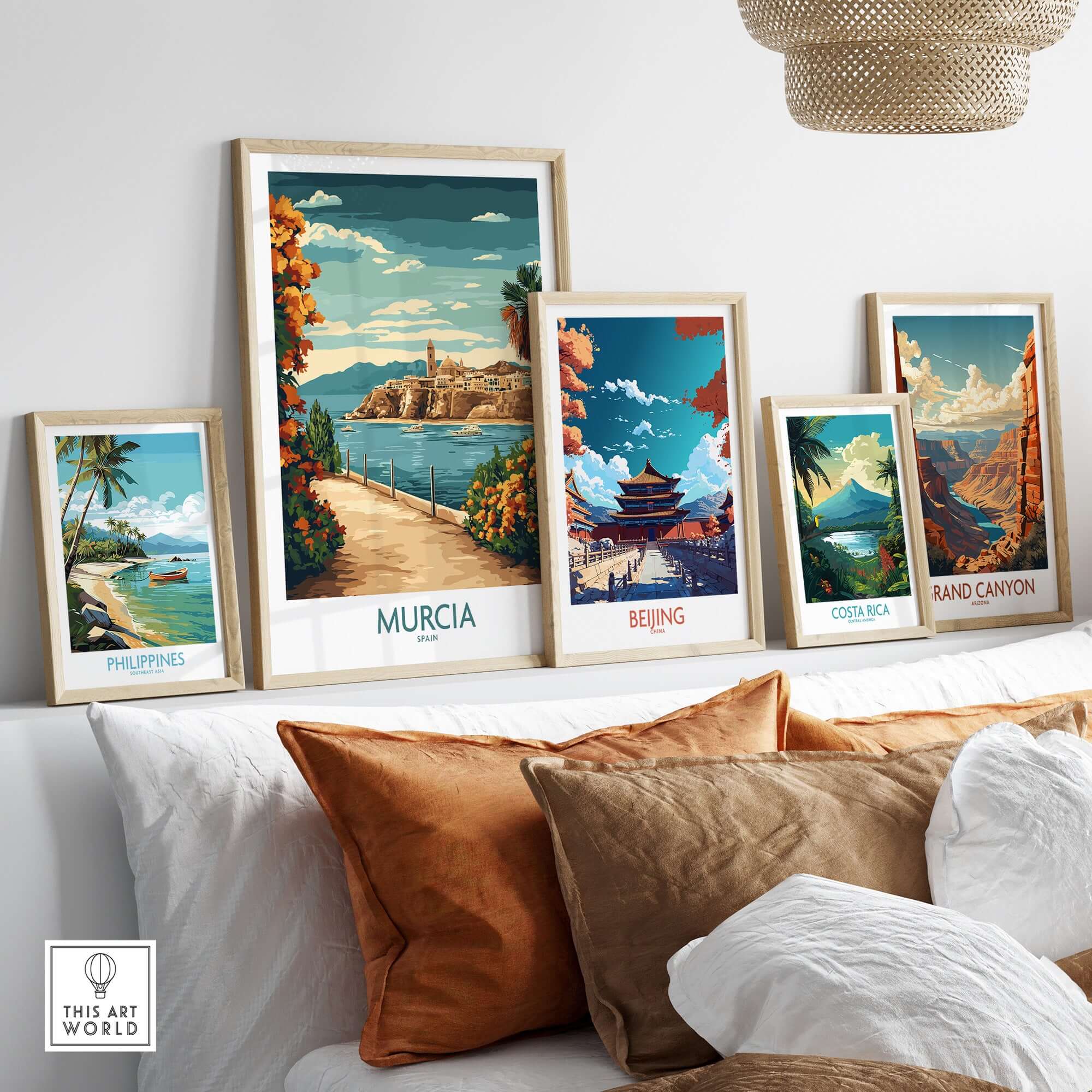Murcia Poster displayed among other travel posters on a stylish interior shelf showcasing Spain's vibrant culture.