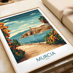 Murcia Poster featuring vibrant scenery of Murcia, Spain with coastal views and lush greenery.