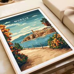 Mu1rcia Print showcasing vibrant colors and scenic view of Murcia, Spain with coastal landscape and palm trees.